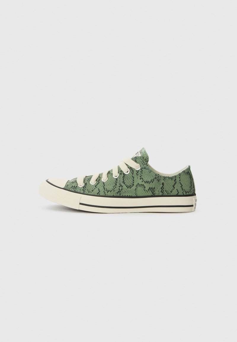 Adidași cu imprimeu de șarpe verde, cu ochiuri albe, șireturi crem, capac din cauciuc la vârf și detaliu cu dungi negre pe lateral. Design low-top.