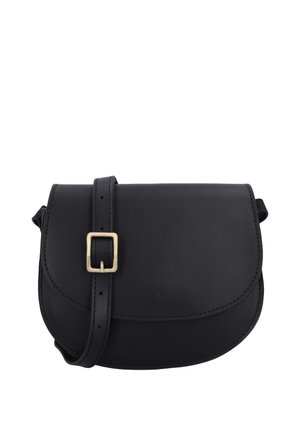 Black leather crossbody bag with curved flap and adjustable strap featuring gold-tone rectangular buckle.
