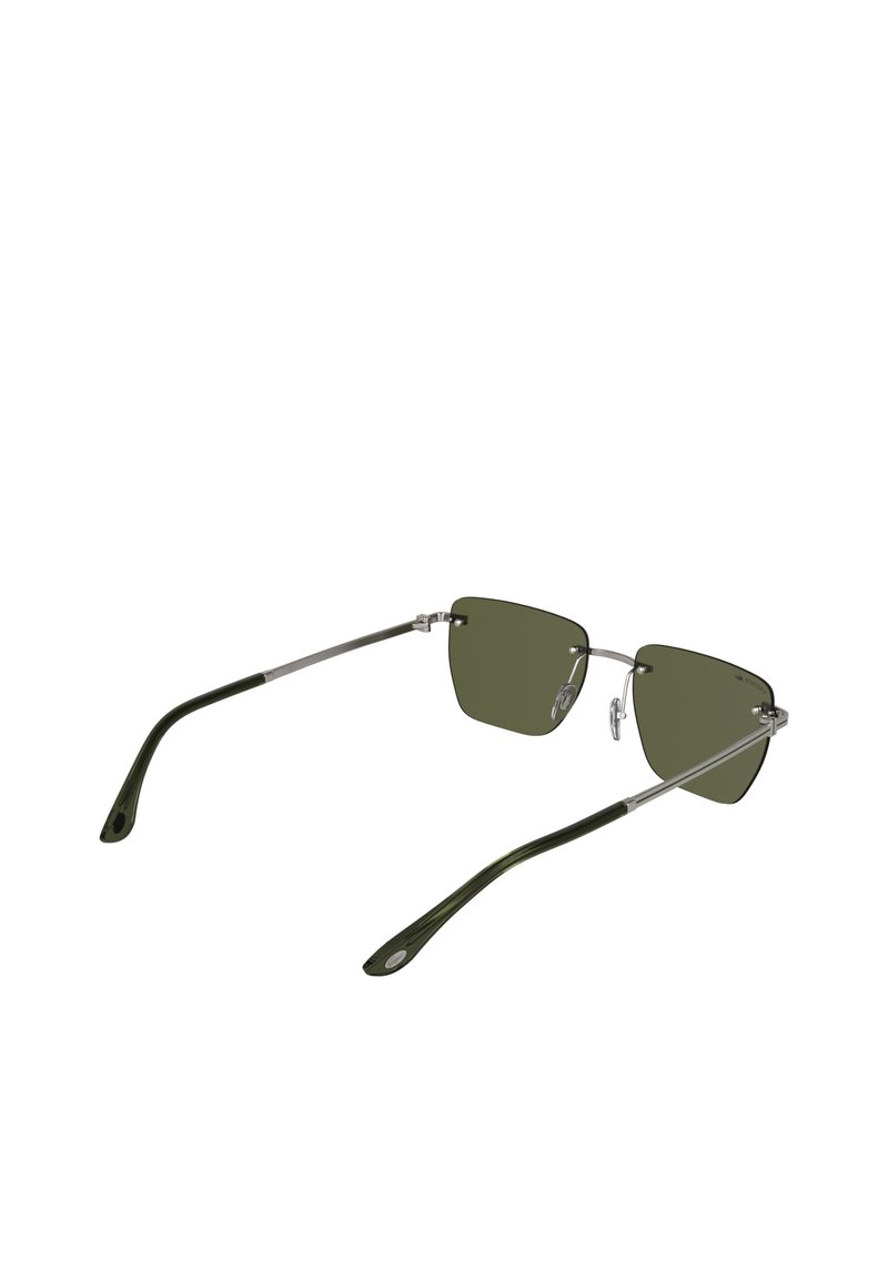 Rahmenlose quadratische Sonnenbrille mit grün getönten Gläsern und dünnen silbernen Metallbügeln mit schwarzen Spitzen.