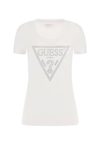 Camiseta blanca de manga corta con escote redondeado. Presenta un logo triangular plateado con texto, confeccionada en suave algodón.