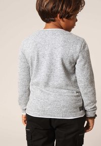 Grijze trui van een gestructureerde stof, met lange mouwen, ronde halslijn en een klein logo-label op de achterkant, gedragen over zwarte cargobroek.