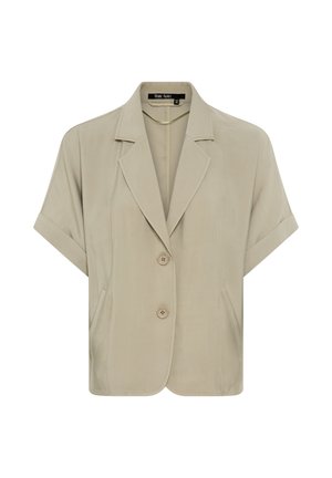Beige short-sleeve blazer with notched lapels, two front buttons, and side pockets, made from smooth fabric.