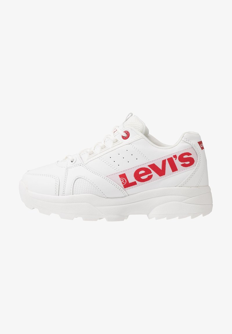 White athletic shoe with red 'Levi's' logo, textured accents, rounded toe, and cushioned sole. Features lace-up closure and perforated detailing.