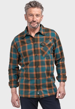 Karierte Button-Up-Hemd mit einer Farbgebung in Türkis, Orange und Dunkelgrün, langen Ärmeln und einer Brusttasche mit Logodetail.