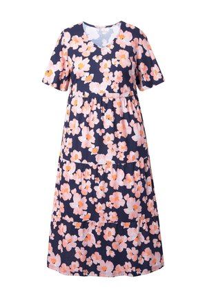 Robe bleu marine à étages avec manches courtes et motif floral rose et orange, dotée d'un décolleté en V.