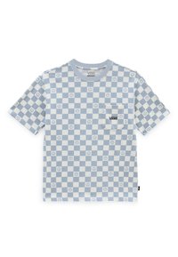 Vaaleansininen ruutuohuita kuviollinen lyhythihainen T-paita, jossa on rintatasku ja "VANS"-logo. Valmistettu pehmeästä puuvillamateriaalista.