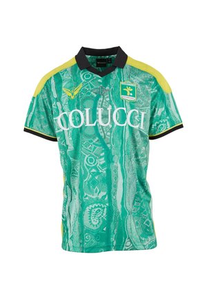 Grøn- og gulmønstret fodboldtrøje med sort krave, Colucci-logo og Fussballclub Kitzbühel-crest på brystet.