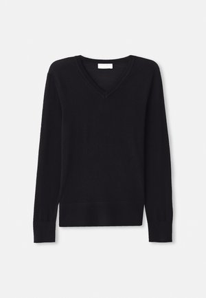 Black knit sweater with a V-neck and long sleeves. Smooth texture, ribbed cuffs, and hem. Simple design with no additional patterns or accents.