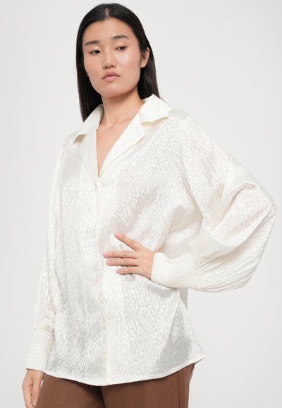 White, sheer blouse with textured pattern, long sleeves, button front, and a classic collar. Features elastic cuffs and loose fit.