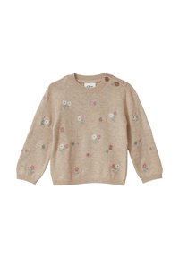 Beige gebreide trui met bloemenborduursels in roze en groen, ronde hals en twee knopen op de schouder. Zachte textuur, lange mouwen.