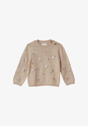 Beiger Strickpullover mit floraler Stickerei in Pink und Grün, runder Ausschnitt und zwei Knöpfen an der Schulter. Weicher Stoff, lange Ärmel.