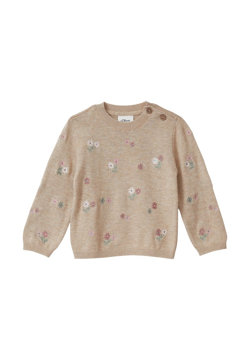 Beige gebreide trui met bloemenborduursels in roze en groen, ronde hals en twee knopen op de schouder. Zachte textuur, lange mouwen.