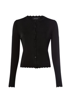 Cardigan noir à manches longues avec un col et un ourlet en dentelle, présentant des manches longues et une fermeture à boutons sur le devant, dans une texture côtelée.