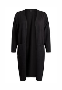 Schwarzer Cardigan mit langen Ärmeln, offenem Vorderteil, zwei Vorderentaschen und einem lockerem Schnitt. Hergestellt aus weichem, strukturiertem Stoff.