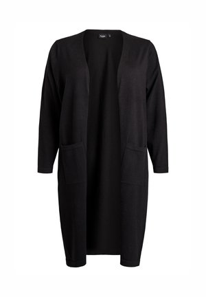 Schwarzer Cardigan mit langen Ärmeln, offenem Vorderteil, zwei Vorderentaschen und einem lockerem Schnitt. Hergestellt aus weichem, strukturiertem Stoff.