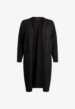 Crni kardigan s dugim rukavima, otvorenim prednjim dijelom, dva džepa sprijeda i opuštenim krojem. Izrađen od mekane, teksturirane tkanine.