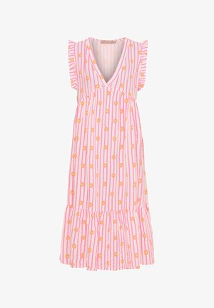 Lyserød og hvid stribet kjole med blomstermønstre, voluminøse korte ærmer, v-hals og en svajende kant. Letvægtsstof.