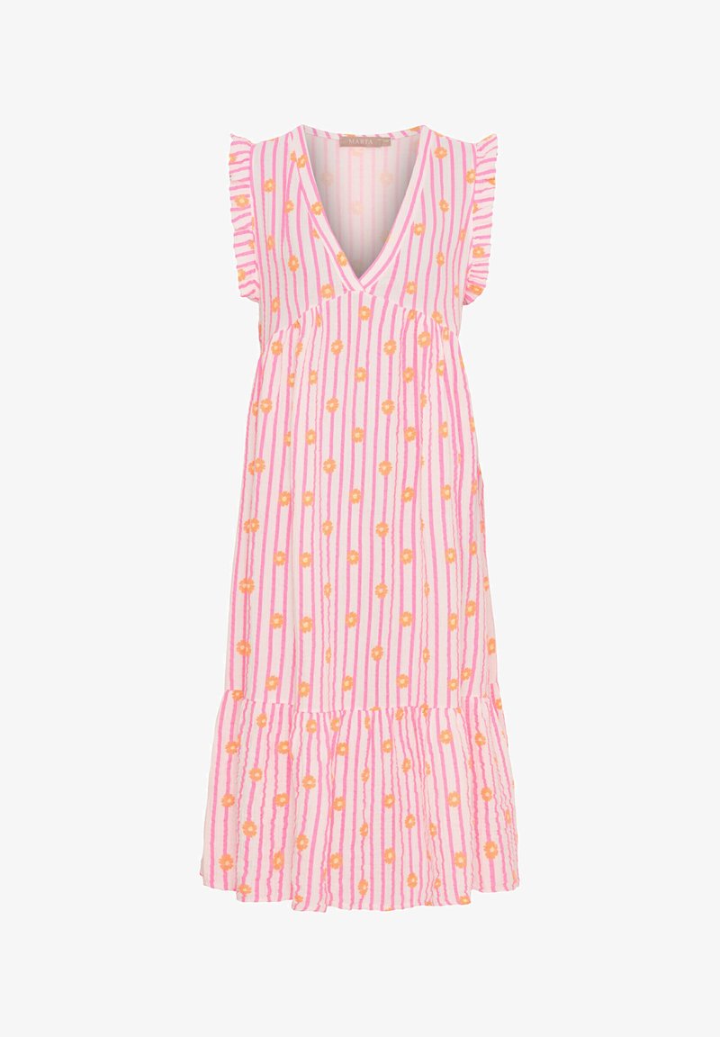 Lyserød og hvid stribet kjole med blomstermønstre, voluminøse korte ærmer, v-hals og en svajende kant. Letvægtsstof.