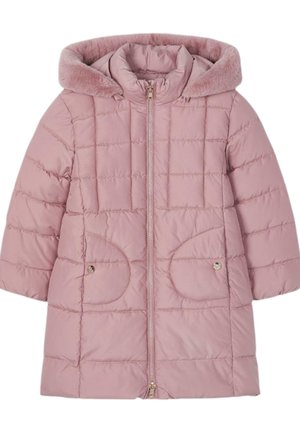 Giacca a vento rosa chiaro con cappuccio, caratterizzata da una texture trapuntata, due tasche laterali e chiusura frontale con zip. Fodera morbida e pelosa nel cappuccio.