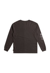 Long-sleeve t-shirt in dark gray cotton, featuring a crew neckline and graphic designs on sleeves. Soft texture, relaxed fit.