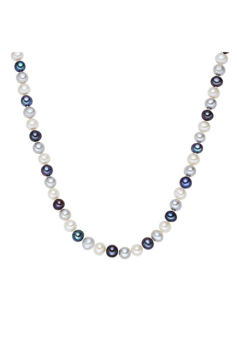 Freshwater pearl necklace featuring alternating large white and dark pearls in various shades, strung together for a classic look.