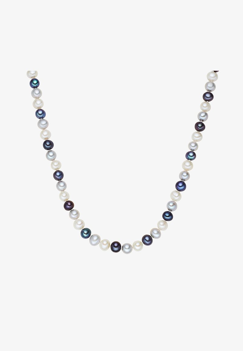 Ferskvandsperle halskæde med vekslende store hvide og mørke perler i forskellige nuancer, strikket sammen for et klassisk udseende.