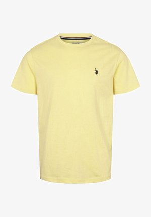 Gul kortærmet bomuld T-shirt med rund hals og lille sort broderet polo-spillerlogo på venstre bryst.