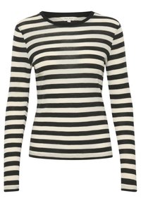 Schwarz-weißer gestreifter Langarmshirt mit Rundhalsausschnitt, aus einem leichten Stoff gefertigt und mit gleichmäßig verteilten horizontalen Streifen.