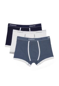 Tři páry spodního prádla: námořnická modrá, světle modrá a bílá bavlna s kontrastními elastickými pasy označenými "SPRINGFIELD" v šedé barvě.