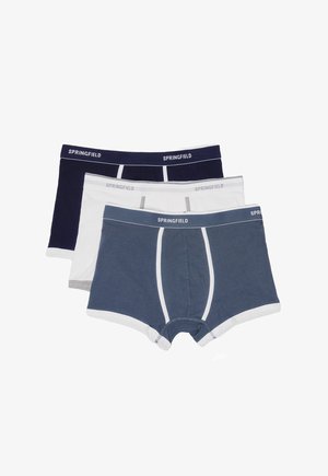 Three pairs of underwear: navy, light blue, and white cotton with contrasting elastic waistbands labeled "SPRINGFIELD" in gray.