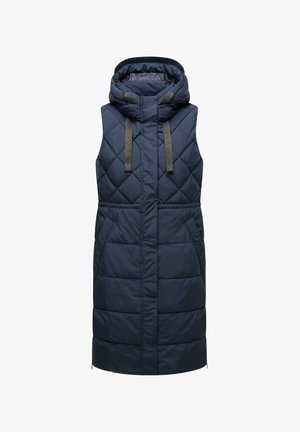 Granatowa ocieplana kamizelka z wysokim kołnierzem i kapturem, wykonana w diagonalny wzór pikowania, z dwoma bocznymi kieszeniami i kontrastującymi paskami.