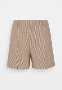 Shorts à carreaux marron et crème avec une ceinture confortable, des poches latérales et une coupe ajustée. Fabriqués en tissu léger.