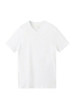 Plain white short-sleeve V-neck T-shirt, displayed flat on a white background.