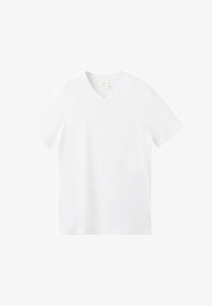 Plain white short-sleeve V-neck T-shirt, displayed flat on a white background.