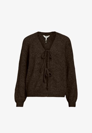 Cardigan en tricot marron avec un décolleté en V, fermeture par lien à l'avant et manches ballons. Motif texturé sur l'ensemble du tissu. Matériau doux.