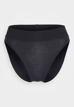 Black brief with a smooth texture, designed with a wide elastic waistband and high-cut leg openings for a comfortable fit.