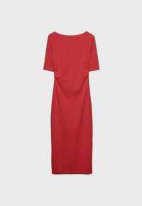 Red knee-length dress made of soft fabric, featuring short sleeves, a rounded neckline, and subtle gathering details at the sides.