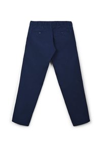 Pantaloni blu navy con vita, dotati di due tasche posteriori con bottoni. Il design è a gamba dritta con una finitura liscia e texturizzata.