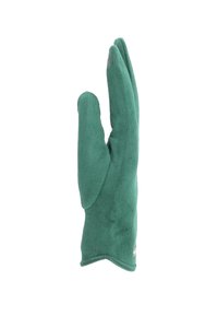 Guanto in tessuto verde e morbido con una texture liscia, modellato per l'uso manuale, caratterizzato da un polsino leggermente allungato e dettagli di cucitura sottili.
