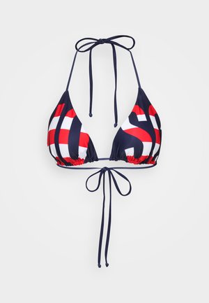 Navy blue bikini top with triangular cups, featuring a red and white geometric pattern. Ties at the neck and back with adjustable strings.