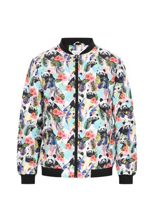 Bomber bunda s čiernym zipsom a manžetami, ktorá má živú potlač pand a tropických kvetov na svetlom pozadí.
