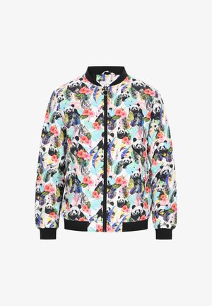 Bomber bunda s čiernym zipsom a manžetami, ktorá má živú potlač pand a tropických kvetov na svetlom pozadí.