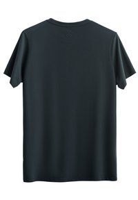 T-shirt nera a maniche corte realizzata in tessuto morbido, con collo a giro e un piccolo logo a forbice ricamato sul retro, vicino al colletto.