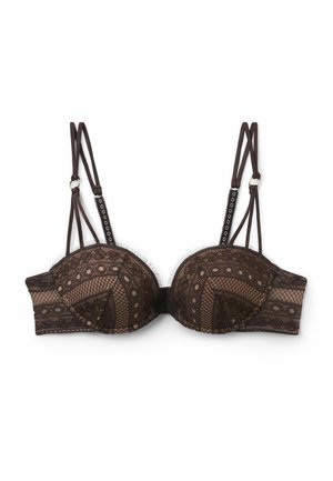 Black lace padded bra with underwire, decorative circular and net patterns, double adjustable shoulder straps, and hook closure at back.