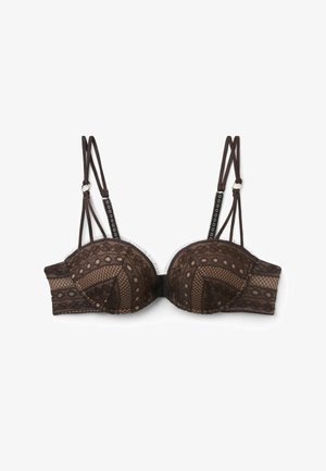 Black lace padded bra with underwire, decorative circular and net patterns, double adjustable shoulder straps, and hook closure at back.