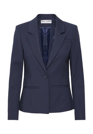 Blazer da donna blu navy con maniche lunghe, chiusura con un solo bottone, rever a notched e due tasche anteriori con apertura a fessura, interno foderato.