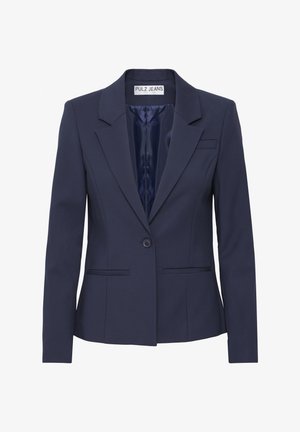 Blazer pour femme bleu marine à manches longues, fermeture à un bouton, revers crantés, et deux poches fendues à l'avant, intérieur doublé.