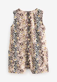 Leopardikuvioinen hihaton haalari, jossa taskut. Kuvio koostuu ruskeista, vaaleanruskeista ja mustista täplistä, joita koristavat keltaiset ja vihreät yksityiskohdat.