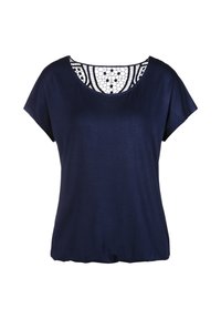 Navyblaues Kurzarm-Oberteil mit Rundhalsausschnitt, das ein dekoratives, spitzenähnliches Muster am Rücken aufweist. Weiche, glatte Stoffstruktur.