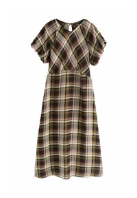 Robe à manches courtes en tartan avec un mélange de couleurs rouge, vert, jaune et crème, présentant un col rond et un détail en forme de trou de serrure au dos.